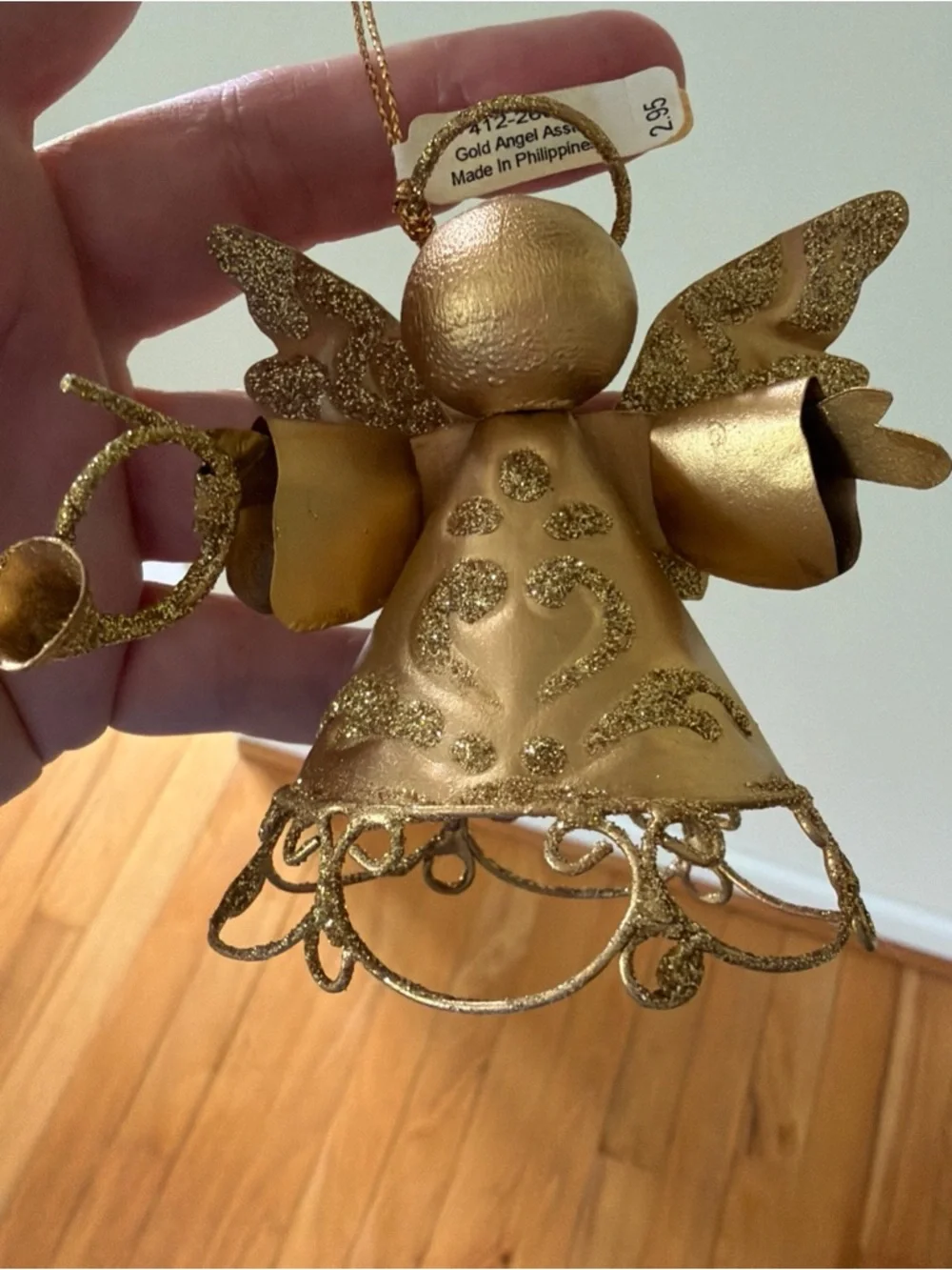 Gold Glitter Angel Holiday Ornament - Decorative Home Holiday Accent 3.5 inches